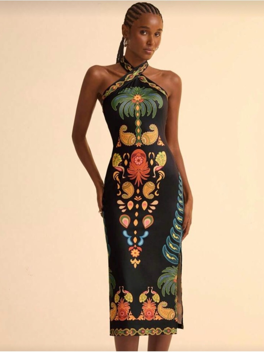 Black Halter Midi Dress with Tropical Print